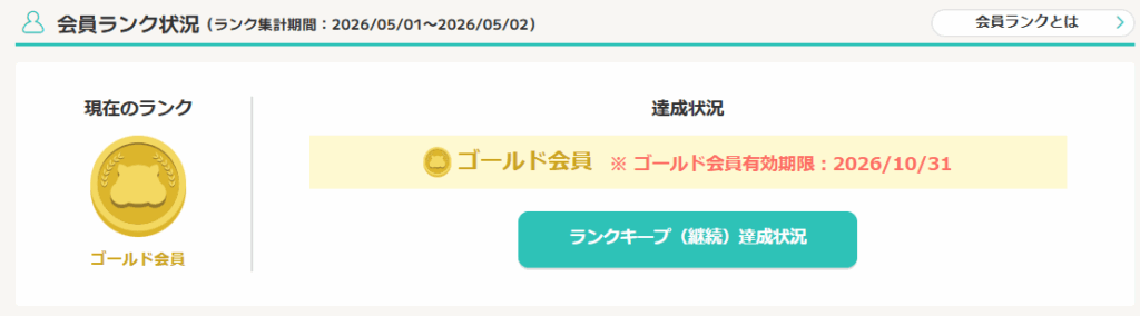 私のモッピーの会員ランク状況のスクリーンショット。ゴールドとなっている。ランク集計期間は2026/5/1～2026/5/2